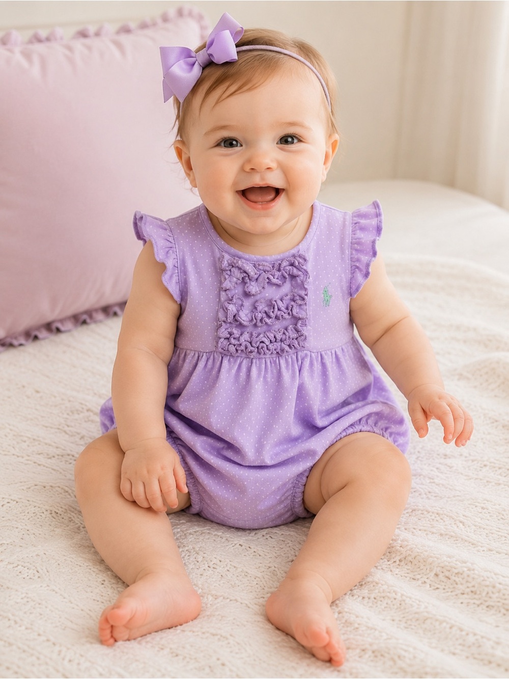Ralph Lauren Polka Dot Ruffle Bodice Flutter Sleeve Bubble Romper 9m
